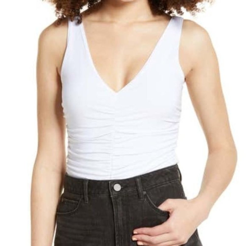 New Leith Small Ruched V Neck Thong Bodysuit White Sleeveless Tank Top Fitted